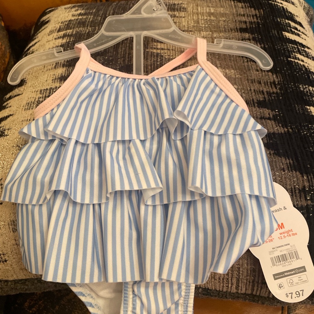 New baby Blue and White Striped Ruffle Swimsuit